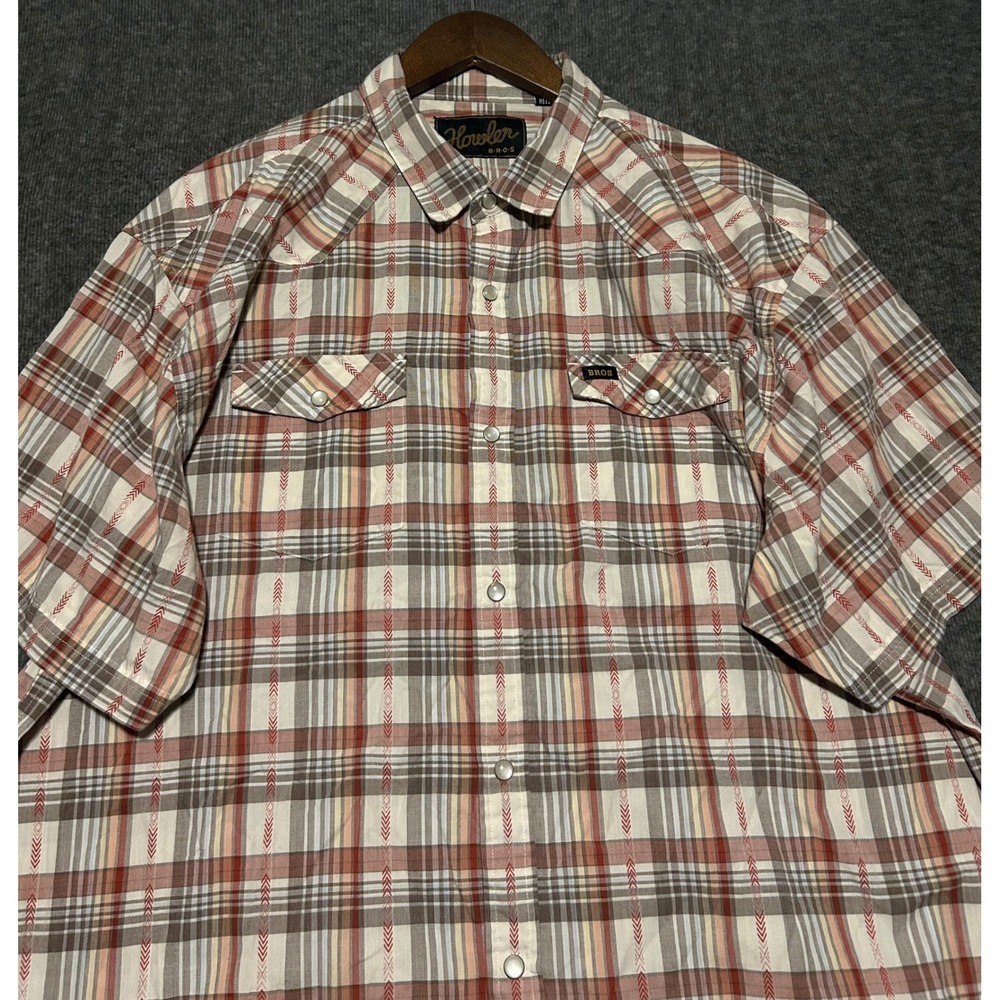 Howler brothers pearl snap shirt short sleeve mens size XL check plaid orange